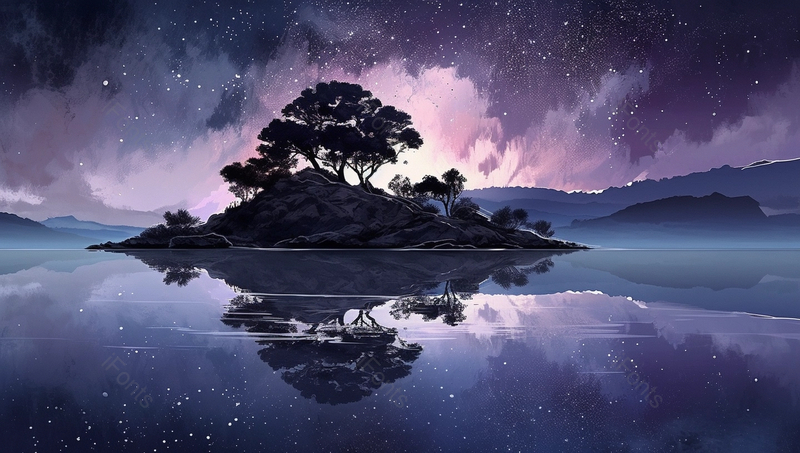 紫色天空岛屿湖面梦幻手绘背景,插画/手绘图,插画/手绘图库,插画/手绘图下载,插画/手绘